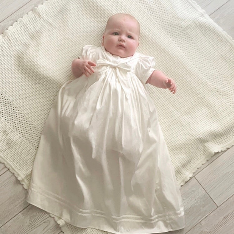 satin christening dress Nan & Jan Girls Christening Gown with Embroidered Applique Sleeve 6 Months / Off White